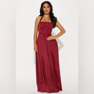 Fashion Nova Wine Red Halter Ruched Maxi Dress